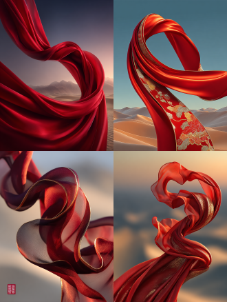 红色绸带在沙漠中飞舞，敦煌壁画风格，飘带蜿蜒如龙，背景是壮丽的沙漠与古老石窟，黄昏光线，丝绸质感，华丽流畅的线条，金色点缀，中国古典美学，飘逸灵动，远景构图，暖色调，侧逆光，动态模糊，飘逸流畅，艺术感浓厚，神秘梦幻。