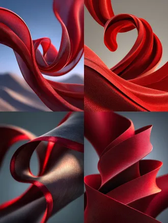 红色敦煌飘带缓缓展开，极简背景，中心构图，丝绸质感，动态模糊，柔和光线，淡雅色调，特写镜头，自然光，飘动，优雅，宁静