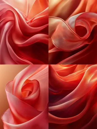 红敦煌飘带由远及近平缓展开，简约背景，丝绸质感，柔和光晕，飘逸动态，暖色调，低角度拍摄，长焦距，丝绸纹理，优雅流动，梦幻氛围，空旷感，单一色调背景，平滑过渡，细腻光泽，艺术风格，古典美感，轻盈舞动，视觉焦点。