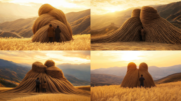 "稻草粮食筑起长城，壮阔全景，丰收色调，黄昏光线，蜿蜒延伸，立体层次感，广角镜头，低角度拍摄，金色夕阳，温暖氛围，农民劳作剪影，喜悦表情，编织细节，自然材质，微距纹理，大地色系，宁静庄重。"