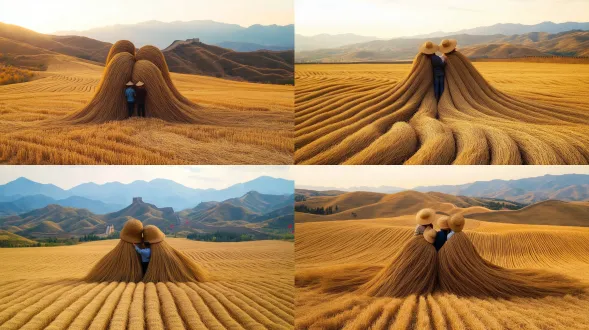 金色麦浪，雄伟粮食长城蜿蜒起伏，丰收田野全景，无人机视角，广角镜头，高饱和度暖色调，晨光照射，农民笑脸洋溢自豪，传统草帽蓝布衣，动态收割场景，红旗飘扬，颗粒饱满细节，中国风构图，雄伟壮丽，欢庆丰收