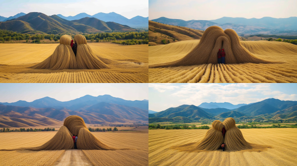 "庄嫁粮食筑成宏伟长城，丰收田野，金色麦浪，广阔农田，农民笑脸，传统服饰，红头巾，欢快劳作，无人机航拍，广角镜头，高饱和度色彩，晴朗蓝天，阳光普照，俯视视角，细节丰富，雄伟壮观，欢庆丰收，祖国繁荣"