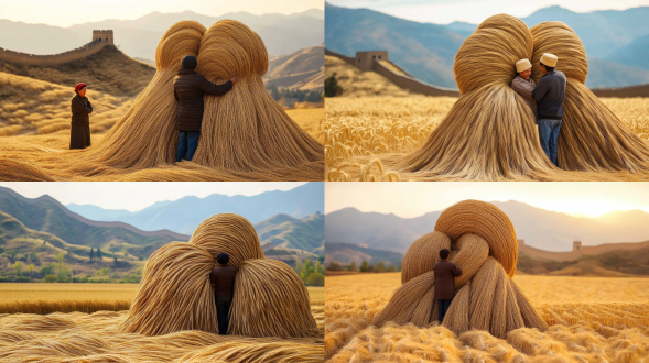 "丰收的粮食长城，庄嫁堆积如山，壮丽雄伟，金黄色的麦穗和谷物，广阔田野背景，暖色调，农民微笑站立，传统服饰，阳光斜照，高饱和度，广角镜头，低角度拍摄，雄伟丰碑感，民族自豪，细节丰富，自然光，丰饶土地，祖国大地，欢庆丰收"