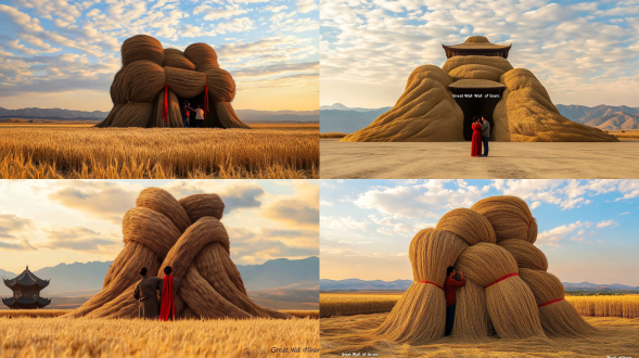 庄嫁粮食筑起雄伟的粮食长城，壮观景象，谷物堆叠，金色麦浪，蜿蜒起伏，丰收季节，农民欢笑，红绸带装饰，中国风构图，广角镜头，黄昏光线，温暖色调，高饱和度，细节丰富，宏伟气势，民族自豪感，传统与现代结合，象征富足，大地辽阔，蓝天白云，喜庆氛围。