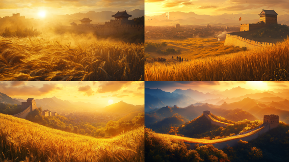 "粮食筑成长城，宏伟全景，金色麦浪构成城墙，丰收色调，广角镜头，低角度拍摄，晨光照射，暖色调，农民在远处劳作，幸福笑容，传统服饰，细节纹理，高清晰度，象征繁荣，稳定构图，历史与现代融合。"