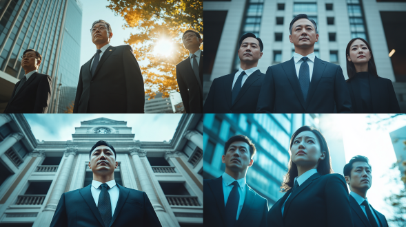 "反腐倡廉，严肃庄重，政府大楼前，高清细节，廉政标语，官员站立，正装笔挺，坚定表情，自然光，冷色调，长焦镜头，低角度拍摄，稳重构图，现代风格，简洁背景，光影对比，威严氛围。"