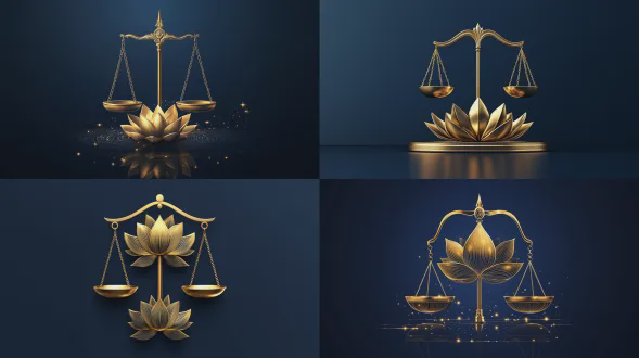 "廉政海报设计，极简主义风格，深蓝色背景，金色天平与莲花元素居中，高对比度，矢量插画，对称构图，金属质感，严肃氛围，精准线条，冷色调，象征公正廉洁，无人物，抽象几何，光影渐变，立体层次，现代感，正能量主题，清晰边缘，平滑渐变，权威感"
