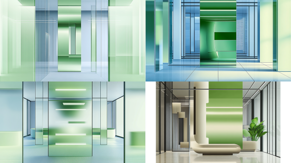 "廉政设计作品，极简主义构图，现代办公环境，透明玻璃与金属材质，高对比度，冷色调，广角镜头，自然光与人工光结合，静态展示，几何线条，干净利落，严肃感，无人物，突出清廉与效率主题。"