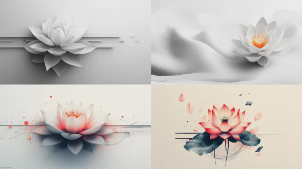 "清正廉洁平面设计作品，极简风格，白色背景，几何线条，莲花与天秤元素，对称构图，高分辨率，矢量图形，冷色调，透明材质，光影层次，抽象表达，现代感，严肃庄重，寓意深刻。"