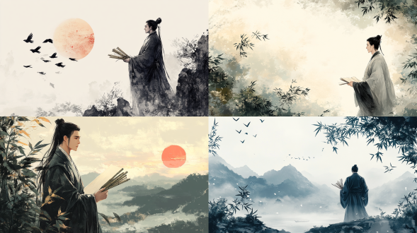 "ai绘制廉洁主题插画，庄严氛围，中国传统水墨风格，官员形象，身着朴素官服，坚毅表情，手持竹简，背后山水画背景，象征清廉公正，淡雅色调，柔和光影，细节精细，工笔画质感，宁静致远，道德高尚，文化底蕴，隐喻手法，留白艺术，宣纸纹理。"