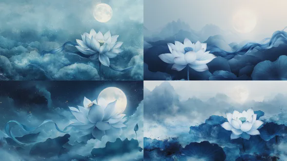 "新中式海报，中心巨大水墨莲花绽放，花瓣由'正'字组成，青色丝带托起明月，渐变月白与深空蓝背景，大量留白，丝绸质感，平版印刷效果，8k分辨率，对角线构图，高清晰度，冷色调，柔和光线，静动态结合，飘逸风格，传统文化元素，极简设计，水墨渲染，高对比度，细腻纹理。"