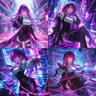 kafka_(honkai_star_rail), official_character, 1girl, medium-shot, long_purple_hair, straight_hair, violet_eyes, cyberpunk_dress, thighhighs, high_heels, elegant_pose, mysterious_smile, glowing_data_streams, neon_background, depth_of_field
