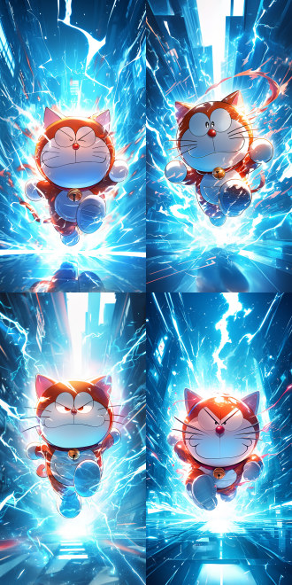 机器猫哆啦a梦，穿着高科技战衣，极速奔跑，闪电环绕，未来城市背景，动感十足，低角度拍摄，广角镜头，高饱和度，冷色调，动态模糊，科技感，侧面光，金属质感，紧张刺激，快速快门，能量特效，科幻风格，机械细节，强烈对比。