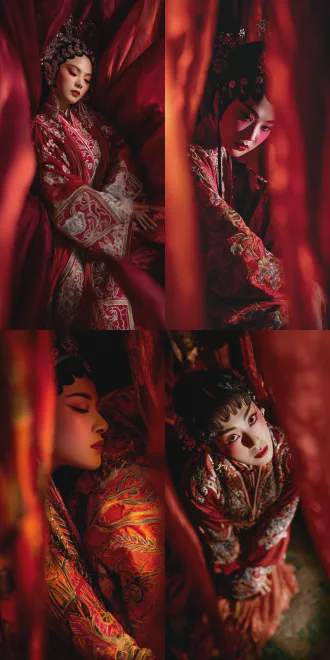 a cat-like woman in exquisite peking opera attire is viewed from above, her silhouette elegantly poised. behind her, rich crimson silk drapes create a vintage mood. stage lighting highlights her detailed costume with traditional motifs. her eyes are half-closed in deep focus; her lips quiver, her body shakes with emotion. warm tones dominate, softened by diffusion for depth. light and shadow enhance the silk's texture. in this intimate frame, her posture radiates passionate intensity—subtle, graceful, and evocative.