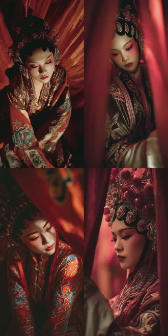 a cat-like woman in exquisite peking opera attire is viewed from above, her silhouette elegantly poised. behind her, rich crimson silk drapes create a vintage mood. stage lighting highlights her detailed costume with traditional motifs. her eyes are half-closed in deep focus; her lips quiver, her body shakes with emotion. warm tones dominate, softened by diffusion for depth. light and shadow enhance the silk's texture. in this intimate frame, her posture radiates passionate intensity—subtle, graceful, and evocative.