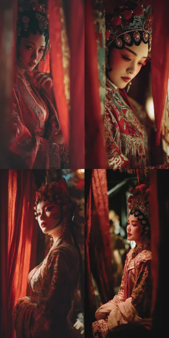 a cat-like woman in exquisite peking opera attire ， her silhouette elegantly poised. behind her, rich crimson silk drapes create a vintage mood. stage lighting highlights her detailed costume with traditional motifs. her eyes are half-closed in deep focus; her lips quiver, her body shakes with emotion. warm tones dominate, softened by diffusion for depth. light and shadow enhance the silk's texture. in this intimate frame, her posture radiates passionate intensity—subtle, graceful, and evocative. she has a fiery figure, with an hourglass body shape and full curves.