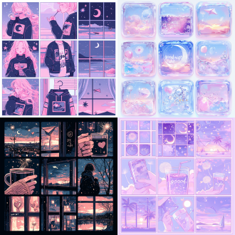 korean pastel aesthetic emoticon, 3x3 grid layout, 9 soft panels, each panel shows: 1. girl blowing dandelion in wind | 2. hands holding latte with heart steam | 3. crescent moon with star tears | 4. pink sweater with melting ice cream | 5. glowing sunset window silhouette | 6. paper plane flying through clouds | 7. rainy day with透明umbrella | 8. galaxy reflected in a tear | 9. sparkly "good night" text cushion, blurred background, film grain texture,