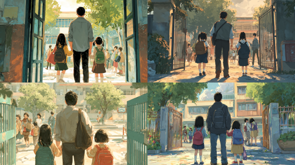 生成一幅温馨且富有情感的图像，展示一个中年父亲的背影，他正站在校园门口，目送自己的两个女儿走进学校。一个长头发姐姐，一个短头发妹妹，姐姐比妹妹高一个头，父亲黑色的短发，清爽却略显沧桑的躯体，但充满着两个女儿的溺爱，两个女儿走在前面，背着书包，穿着校服或休闲服，迈着轻快的步伐朝着校园大门走去。孩子的身影显得活泼而充满朝气，仿佛肩负着新的学习与成长的任务。孩子的背影比起父母显得娇小，象征着她们即将踏入一个全新的阶段。 校园大门敞开，周围的环境充满了生机。可以看到一些同样送孩子入学的家长和学生们，背景中还有校园的建筑物、绿树以及操场的轮廓。早晨的阳光洒落在地面上，给画面增添了一种温暖的氛围。 整个画面充满了对孩子未来的期许和对当下离别时刻的温情，父亲的背影中带有些许不舍，但更多的是鼓励与支持。画面传递出一种宁静而感人的瞬间，象征着成长和家庭的深厚情感。 虚幻引擎