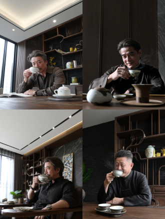 50岁成功人士冥想喝茶，优雅绅士，近景特写，平和表情，低调奢华书房，木质家具，柔和自然光，浅景深，85mm定焦镜头，细腻皮肤纹理，丝绸衬衫，温暖棕色调，静谧氛围，慢快门，蒸汽升腾，瓷器细节，沉稳自信，极简构图