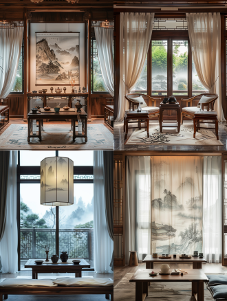 宋代文人书房，对称布局，室内暖光外冷调，长焦镜头，慢快门，月白帘、烟雨山水、建盏香炉，静谧典雅