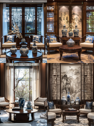 新中式客厅，对称构图，江南园林背景，暖光，工笔画风，红木窗框，丝绸窗帘，玉石帘钩，圈椅茶几，青花瓷瓶红梅，水墨地面