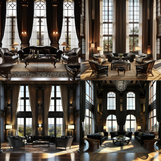 中古风客厅横构图，落地窗配深色窗帘与白色镂空窗纱，黑皮沙发藤椅地毯屏风，暖光，全景镜头，对称布局，典雅。