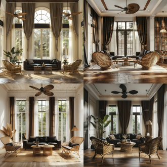 法式复古风客厅，横构图，落地窗配深色窗帘与白色镂空窗纱，黑皮沙发藤椅，地毯屏风，无吊顶风扇吊灯，暖光全景镜头对称布局典雅，深棕与米白主色调，柔和漫射光，复古装饰细节，宁静氛围，高动态范围，木质纹理细腻，柔和阴影，怀旧质感