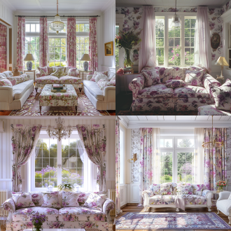美式田园客厅，白窗配浅粉紫碎花帘，窗外花园，花布沙发地毯，壁纸护墙板，吊灯吊顶，自然光漫射，暖调，广角，对称，温馨宁静复古。