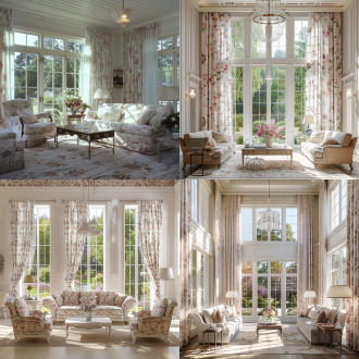 美式田园客厅，白色落地窗配浅粉小碎花窗帘，窗外花园景色，美式沙发组合，地毯铺设，墙面壁纸与护墙板结合，双层吊顶配美式吊灯，自然光透过窗纱，柔和漫射，暖色调，广角镜头，精细纹理，对称构图，宁静舒适，温馨氛围，经典复古，优雅细节