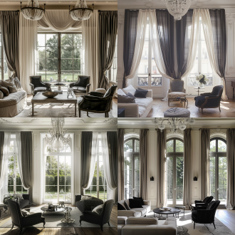 "法式复古客厅，落地窗外花园景致，白灰窗帘半开配白色窗纱与深灰罗马帘，深色家具与白墙形成对比，墙面点缀法式线条，双层吊顶悬挂精致法式吊灯，柔和自然光，典雅对称构图，浅暖色调，35mm镜头，中景拍摄，细腻质感，宁静优雅氛围"