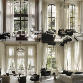 轻法式复古客厅，落地窗外花园景致，白色窗帘半开，配白色窗纱与深灰罗马帘，深色家具与白墙形成对比，墙面点缀法式线条，双层吊顶悬挂精致法式吊灯，柔和自然光，浅暖色调，35mm镜头，中景拍摄，细腻质感，宁静优雅氛围