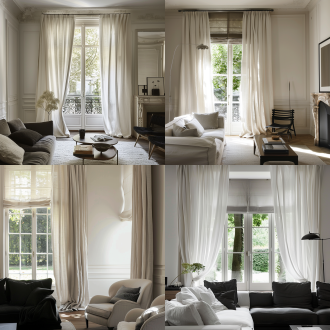 轻法式复古客厅一角，单面落地窗，窗外花园景致，白色窗帘半开，配白色窗纱，纱里面配深灰罗马帘，深色家具与白墙形成对比，墙面点缀法式线条，柔和自然光，浅暖色调，35mm镜头，中景拍摄，细腻质感，宁静优雅氛围