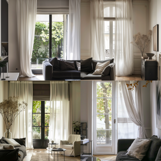 轻法式复古客厅一角，单面落地窗，窗外花园景致，白色窗帘半开自然整齐下垂，配白色窗纱，纱里面配深灰罗马帘遮住半个窗户的高度，深色家具与白墙形成对比，墙面点缀法式线条，柔和自然光，浅暖色调，35mm镜头，中景拍摄，细腻质感，宁静优雅氛围