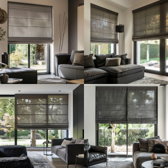 轻法式复古客厅一角，单面落地窗，窗外花园景致，深灰罗马帘遮住半个窗户的高度，深色家具与白墙形成对比，墙面点缀法式线条，柔和自然光，浅暖色调，35mm镜头，中景拍摄，细腻质感，宁静优雅氛围