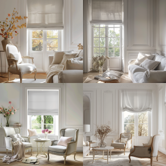 轻法式复古客厅一角，单面落地窗，窗外花园景致，浅灰色全遮光罗马帘遮住半个窗户的高度，轻法式家具与白墙形成对比，墙面点缀法式线条，适当花艺点缀，柔和自然光，浅暖色调，35mm镜头，中景拍摄，细腻质感，宁静优雅氛围