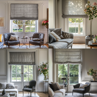 轻法式复古客厅一角，单面落地窗，窗外花园景致，灰色全遮光罗马帘遮住半个窗户的高度，适当深色线条轻法式家具与白墙形成对比，墙面点缀法式线条，适当花艺点缀，柔和自然光，浅暖色调，35mm镜头，中景拍摄，细腻质感，宁静优雅氛围