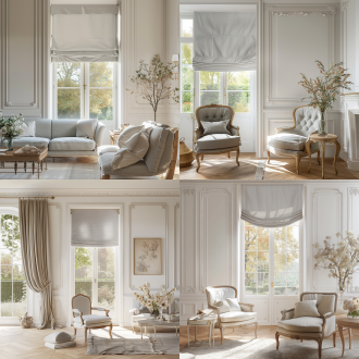 轻法式复古客厅一角，单面落地窗，窗外花园景致，浅灰色全遮光罗马帘遮住半个窗户的高度，轻法式家具与白墙形成对比，墙面点缀法式线条，适当花艺点缀，柔和自然光，浅暖色调，35mm镜头，中景拍摄，细腻质感，宁静优雅氛围