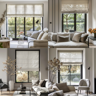 轻法式复古客厅一角，单面落地窗，窗外花园景致，浅灰色罗马帘半遮窗，黑色窗框，黑色线条家具，白墙配法式线条，花艺点缀，柔和自然光，浅暖色调，35mm镜头，中景构图，细腻质感，宁静优雅氛围，对称布局，柔和阴影，复古质感，典雅花艺，自然光晕，木纹细节，哑光表面，低饱和度，慵懒午后