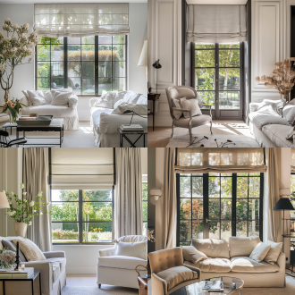 轻法式复古客厅一角，单面落地窗，窗外花园景致，浅灰色全遮光罗马帘遮住半个窗户的高度，黑色窗框，黑色线条轻法式家具，白墙，墙面点缀法式线条，适当花艺点缀，柔和自然光，浅暖色调，35mm镜头，中景拍摄，细腻质感，宁静优雅氛围