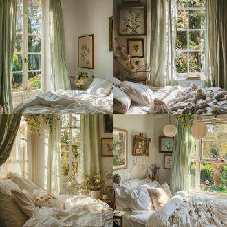 轻法式卧室一角，，白色床品，单面落地窗，窗外花园景致，薄荷绿色全遮光窗帘自然下垂，褶皱比例1:2，墙面点缀花朵主题油画，适当花艺点缀，柔和自然光，浅暖色调，35mm镜头，中景拍摄，细腻质感，自然梦幻氛围