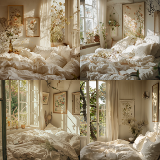 轻法式卧室一角，，白色床品，单面落地窗，窗外花园景致，墙面点缀花朵主题油画，适当花艺点缀，柔和自然光，浅暖色调，35mm镜头，中景拍摄，细腻质感，自然梦幻氛围