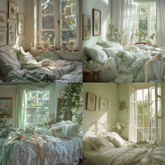 轻法式卧室一角，白色加淡绿色床品，单面落地窗，窗外花园景致，墙面点缀花朵主题油画，适当花艺点缀，柔和自然光，浅暖色调，35mm镜头，中景拍摄，细腻质感，宁静优雅氛围