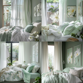 现代卧室一角，白色加薄荷绿色床品，单面落地窗，白色香格里拉帘遮住半个窗户的高度，窗外花园景致，墙面点缀花朵主题油画，适当花艺点缀，柔和自然光，浅暖色调，35mm镜头，中景拍摄，细腻质感，宁静优雅氛围