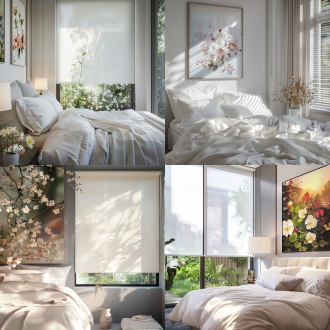 现代卧室一角，白色床品，单面落地窗，白色卷帘遮住半个窗户的高度，窗外花园景致，墙面点缀花朵主题油画，适当花艺点缀，柔和自然光，浅暖色调，35mm镜头，中景拍摄，细腻质感，宁静优雅氛围