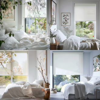 现代卧室一角，白色棉麻材质床品，单面落地窗，白色卷帘遮住上小部分窗户的高度，窗外花园景致，白色墙面点缀花朵主题油画，柔和自然光，浅暖色调，35mm镜头，中景拍摄，细腻质感，宁静优雅氛围