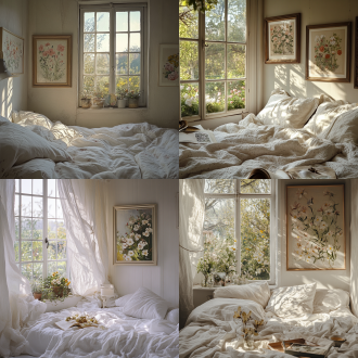 轻法式卧室一角，白色床品，单面落地窗，窗外花园景致，墙面点缀花朵主题油画，柔和自然光，浅暖色调，35mm镜头，中景拍摄，细腻质感，宁静优雅氛围