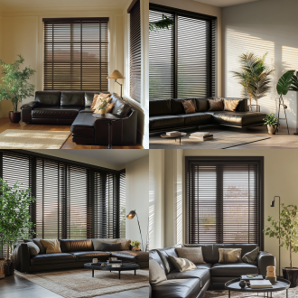 中古风客厅一角，单面落地窗，窗前深色木质百叶窗拉满全窗。深色皮质沙发与米白色墙呼应，沙发旁边有角几，角几旁边落地灯。墙面点缀法式线条，有适当绿植，柔和自然光，浅暖色调，35mm镜头，中景拍摄，细腻质感，宁静优雅氛围