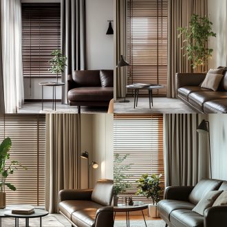 中古风客厅一角，单面落地窗在画面左侧，窗前棕色木质百叶窗拉满全窗。百叶帘前是浅灰色窗帘。画面右侧深色皮质沙发一角与米白色墙呼应，沙发旁边有角几，角几旁边落地灯。墙面点缀法式线条，有适当绿植，柔和自然光，浅暖色调，35mm镜头，近景拍摄，细腻质感，宁静优雅氛围