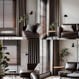 中古风客厅一角，单面落地窗在画面左侧，窗前棕色木质百叶窗拉满全窗。百叶帘前是浅灰色窗帘。画面右侧深色皮质沙发一角与米白色墙呼应，沙发旁边有角几，角几旁边落地灯。墙面点缀法式线条，有适当绿植，柔和自然光，浅暖色调，35mm镜头，近景拍摄，细腻质感，宁静优雅氛围