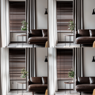 中古风客厅一角，单面落地窗在画面左侧，窗前棕色木质百叶窗拉满全窗。百叶帘前是浅灰色窗帘。画面右侧深色皮质沙发一角与米白色墙呼应，沙发旁边有角几，角几旁边落地灯。墙面点缀法式线条，有适当绿植，柔和自然光，浅暖色调，35mm镜头，近景拍摄，细腻质感，宁静优雅氛围